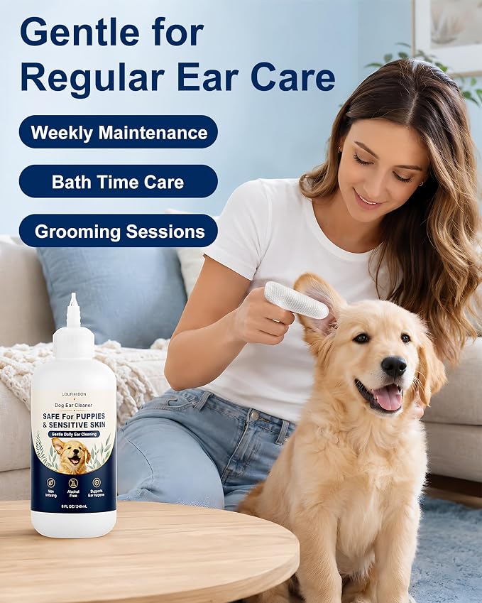 2 x 8 Fl Oz Dog Ear Cleaner Wax Removal | Safe for Puppy Sensitive Skin Gentle Daily Ear Care, Wash Clean Solution for Routine Maintenance with 50 Finger Wipes