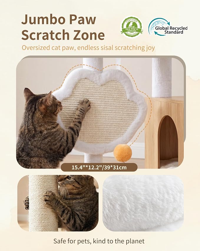 Heybly Cat Tree with Litter Box Enclosure, Modern 64" Hidden Tower HCT105BT | All-in-One Solid Wood Cat Condo for Indoor Cats with Paw-Shaped Board, Multi-Level Perch & Playzone, White Oak