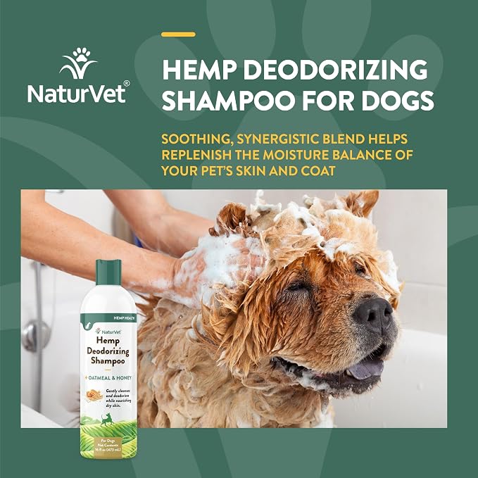 NaturVet Hemp Deodorizing Shampoo for Dogs - Plus Oatmeal & Honey – 16 oz | Gently Cleanses & Deodorizes Skin & Coat, Enhanced with Hemp Seed Oil, Coconut Oil & Aloe Vera Extract