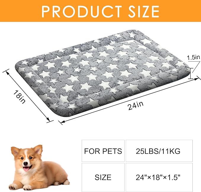 Washable Dog Bed Plush Orthopedic Outdoor Crate Mat with Non-Slip Bottom,Luxe Soft Kennel Pad for Pets, Cozy Cage Cushion & Pet Sleeping Mattress Large Sized,Medium,Small Dogs,24 x 18 inch,Gray