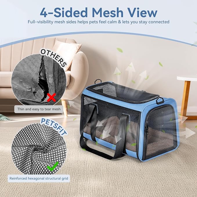 PETSFIT Soft-Sided Cat Carrier with Patented Safety Buckles, Lockable Zippers & Safety Tether,Escape-Resistant Travel Pet Carrier for Car Rides & Vet Visits, Airline Approved Under-Seat, Up to 12 lbs