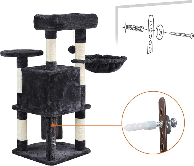 Topeakmart 42in Cat Tree Tower for Indoor Cats, Cat Condo with Perch & Hammock, Activity Center, Multi-Level Cat Furniture with Scratching Posts, Cat House, Black