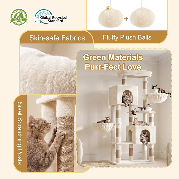 Heybly 68.1" Cat Tree with Oversized Top Platform & Wide Base HCT059MJ | Heavy Duty Cat Tower for Large Indoor Cats with 2 Condos, 2 Hammocks, 10 Sisal Scratching Posts, Stable Cat House, Beige