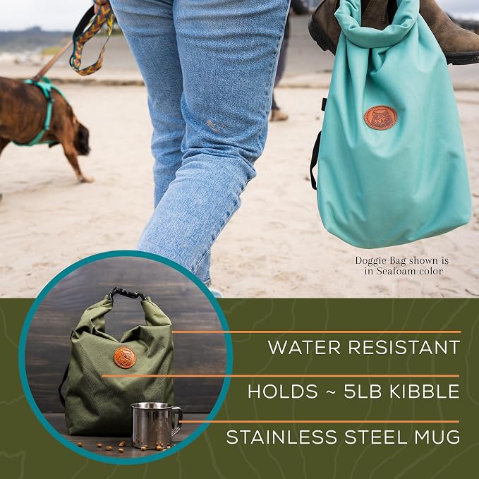 Wilderdog Doggie Bag - Water Resistant, Portable Kibble Carrier & Stainless Steel Mug - Black
