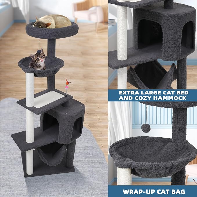 YUNIQUE Cat Tree with Cat Condo Scratch Posts Scratch Tablet and Big Hammock, (60.2‘’ Grey)