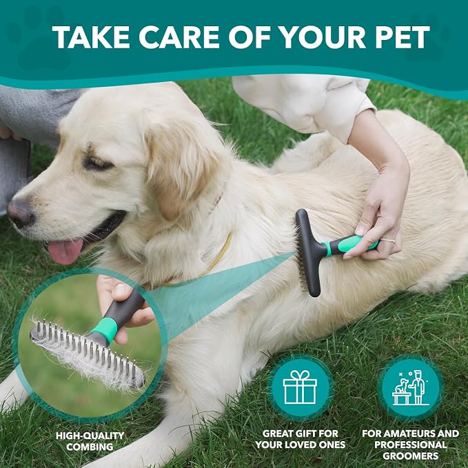 DOGI Deshedding Brush Comb - Undercoat Rake for Dogs, Cats, Short, Long Hair Coats - Double Row Stainless Steel Pins - Reduce Shedding by 90% (Green)