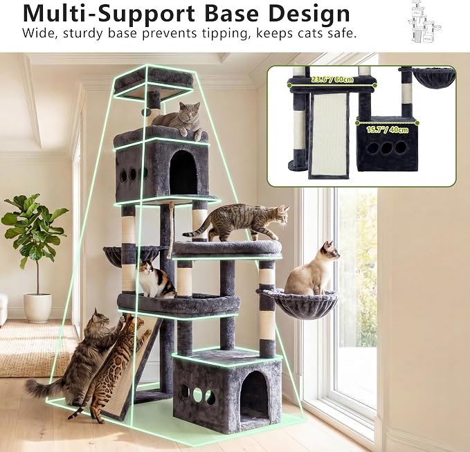 Heybly Cat Tree 72.4-Inch Anti-Tip Cat Tower with Spacious Perches HCT060G | All-in-One Cat Furniture for Large Cats, Multiple Interactive Areas, Extra-Large Sisal Scratching Board, Smoky Gray