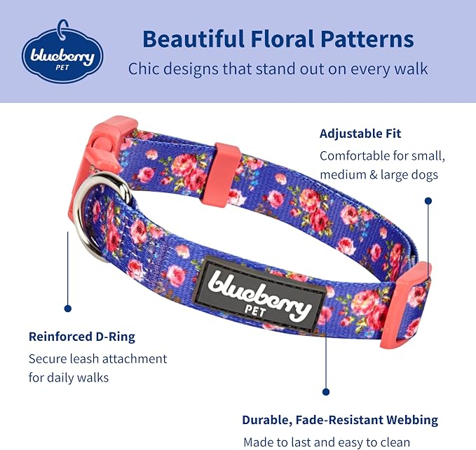 Blueberry Pet Spring Scent Rose Print Dog Collar, Small, Adjustable, Neck 12-16", Award Winning, Eco-Friendly, Pink Girl Dog Collars, Puppy Collars, Dog Collars for Medium Dogs
