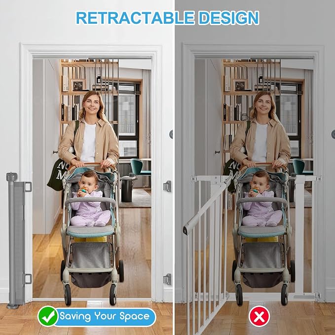 71 inch Retractable Baby Gates, EZIGO Extra Wide Baby Gate for Large Opening Extra Long Mesh Gate for Kids or Pet Dog Gate Child Safety Gate for Stairs Hallways Doorway Indoor Outdoor, Gray