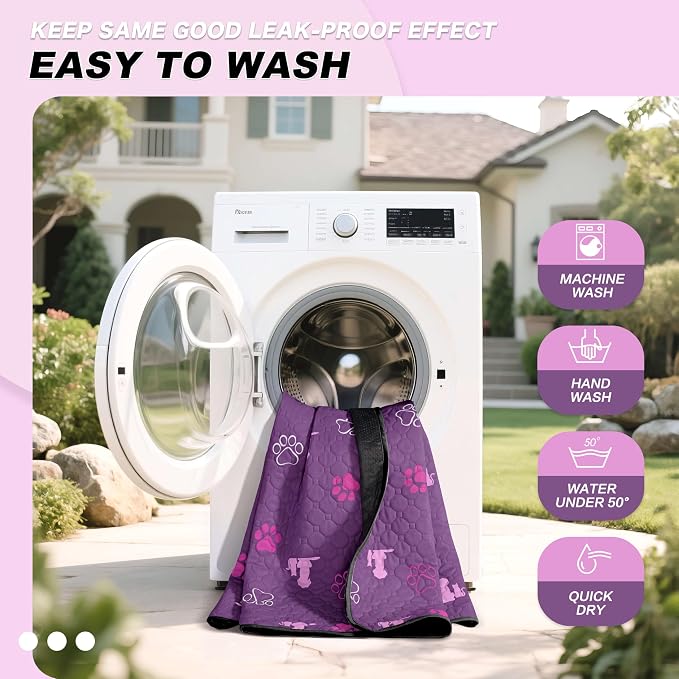 WanpeeGoo Washable Pee Pads for Dogs, Waterproof, 36 x 41 in, 2 Pack, Purp | Super Absorbent, Waterproof and Non-Slip; Washable, Reusable Dog Pads for Crates, Playpens, Floors, Furniture and Travel