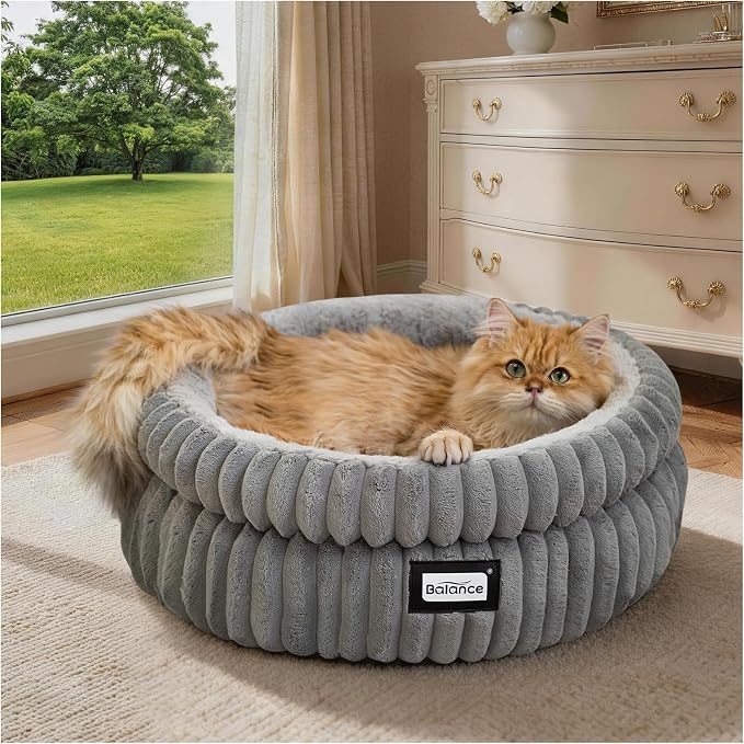 BALANCE Cat Bed Kitten Bed, Washable Round Cat Beds for Indoor Cats, Super Soft Plush Faux Fur Pet Bed for Puppy and Kitten with Anti-Slip Bottom