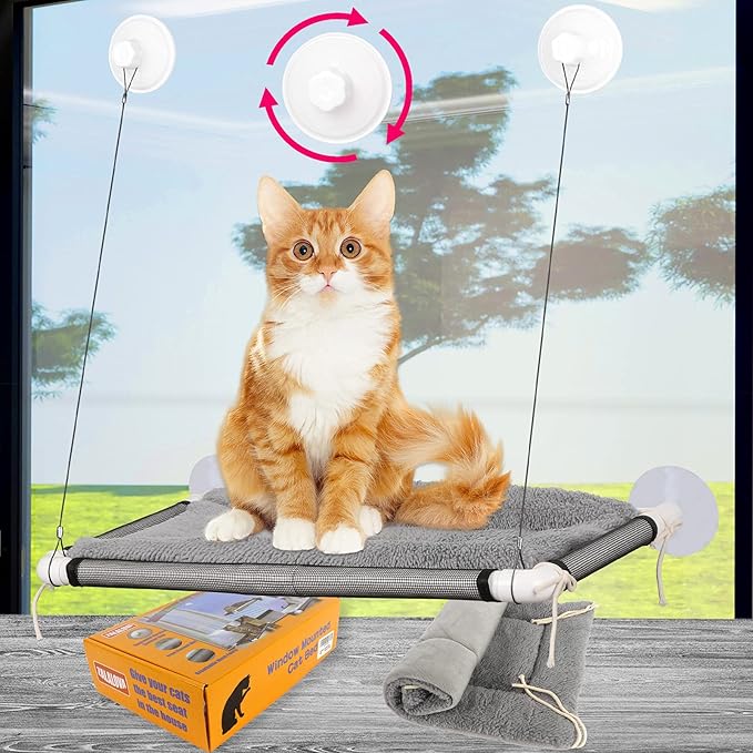 Cat Window Perch, Cat Hammock w/Fleece Blanket, Screw Suction Cups, Grey | Window Bed Holds 2 Large Cats, Sturdy Resting Seat Indoor with One Extra Suction Cup