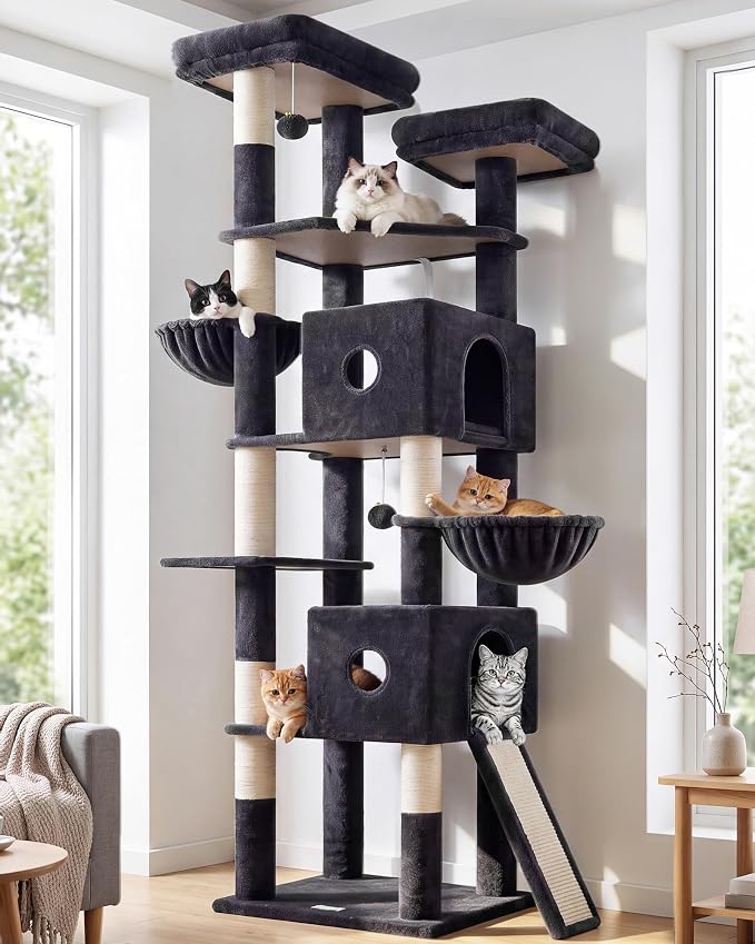 Globlazer 84in Extra Tall Cat Tree Tower for Indoor Large Cats 20lbs, F84G | Multi-Level Big Climbing Tower, 7 Scratching Post & Board, 2 Padded Cat Condos, 2 Soft Perches, 2 Sturdy Baskets, Dark Grey