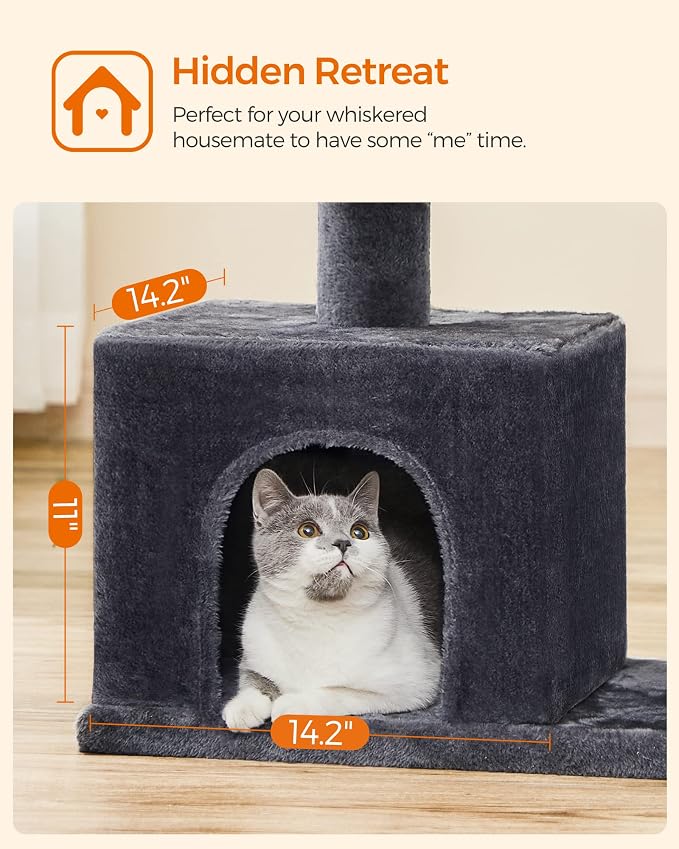 Feandrea Cat Tree, 33.1-Inch Cat Tower, Plush Condo for Large Cats up to 16 lb, Large Perch, 2 Caves, Scratching Post, Smoky Gray UPCT61G