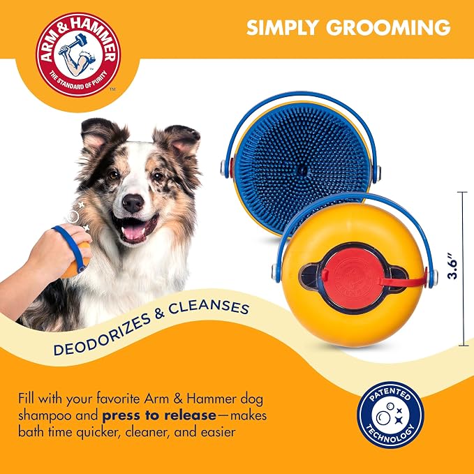 Arm & Hammer Simply Grooming Soap Dispensing Palm Dog Brush | Baking soda infused, silicone scrubbing nubs, easy-grip design, lathers and deodorizes, all coat types