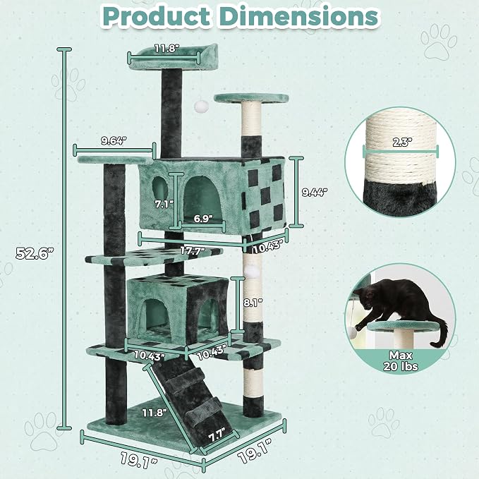 54in Cat Tree Tower for Indoor Cats Multi-Level Cat Condo Cat Bed Furniture with Scratching Post Kittens Activity Center (Green)