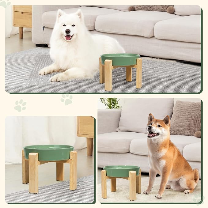 Elevated Slow Feeder Dog Bowl Large Breed, 8.8 Inch Ceramic Slow Eating Bowl with Bamboo Stand, Anti-Choking Raised Maze Design for Medium to Large Dogs, 3.2 Cup, Green