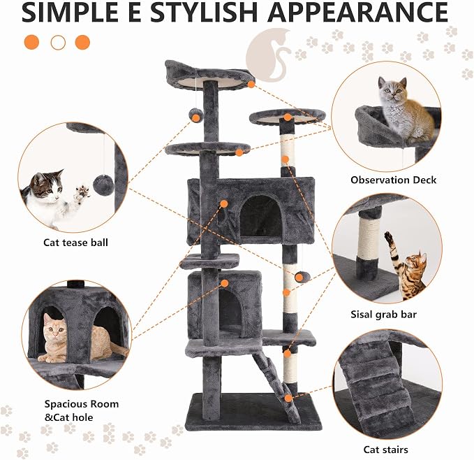 Cat Tree for Indoor Cats, Multi-Level Cat Tower with Scratching Posts & Cozy Condo, Space Saving Cat Activity Center, Durable Pet Play House (54in,Light Gray)