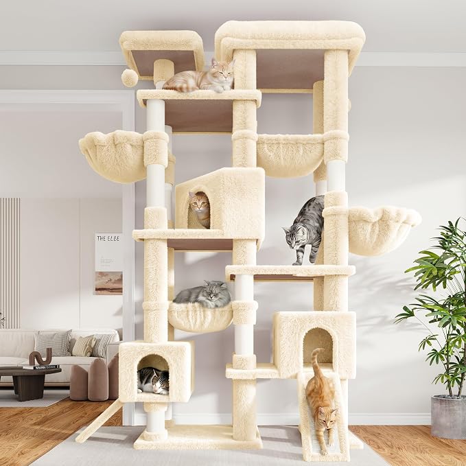 Sha Cerlin 87 in Multi-Level Tall Cat Tree Tower for Large Cats/Extra Wide Feline Activity Center/Sisal Scratching Posts/Wide Base/Cozy Plush Perches/Baskets/Hammocks/Toy Balls/Beige