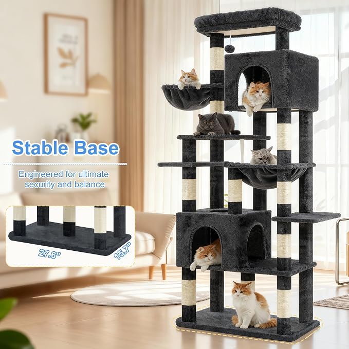 Heybly Cat Tree, 76-Inch Tall Heavy Duty Cat Tower for Big Cats HCT039G | Multi-Level Large Cat Furniture with Extra Wide Baseboard, 2 Condos & 2 Hammocks, 10 Scratching Posts, Smoky Gray