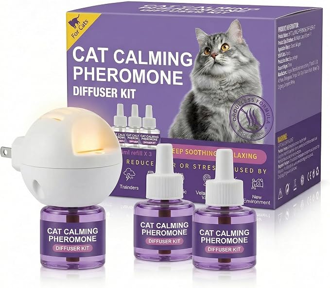 Cat Calming Diffuser Kit, 1 Diffuser + 3 Refills Pack,Discourage Scratching, Excessive Meowing & Urine Marking, Gentle Calming Support