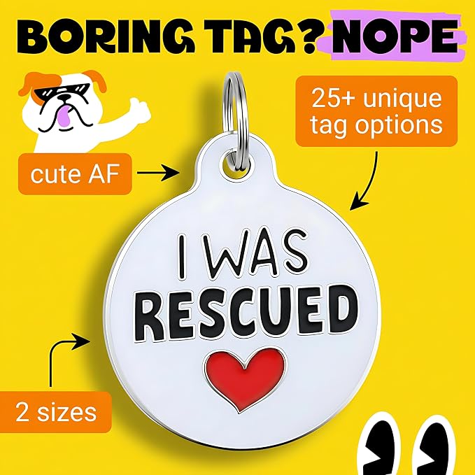 Bad Tags Personalized Dog and Cat ID Tags in 25+ Designs and 2 Sizes - 5 Lines of Custom Engraved Text - Funny Cute Personalized Pet Tags (I was Rescued, Large (1.25 inch))
