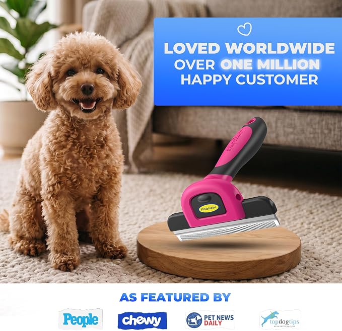 DakPets Stainless Steel Pet Deshedding Tool - Grooming Brush for Cats and Dogs, Removes Trapped Hair, Reduces Shedding by Up to 95%, All Hair Types, Includes Protective Blade Cover, Pink, 4 inches