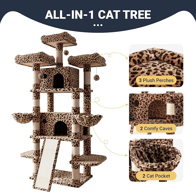 Allewie 82 Inches Large Cat Tree/House/XXL Tall Cat Towers for Big Feline/Scratching Post/Multi-Level Large Kitty Climbing Tree with Condo/Leopard Print