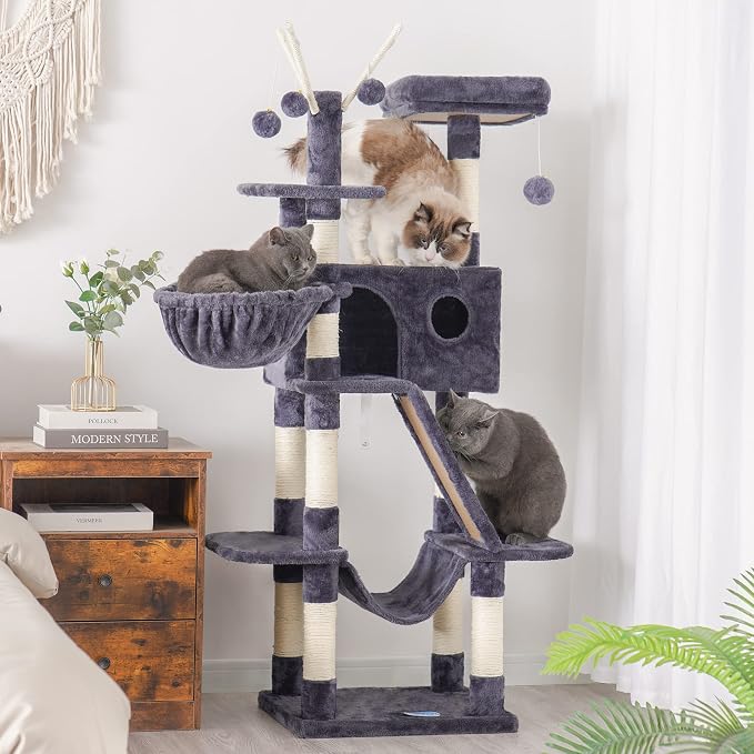 Hey-brother Cat Tree Tower with Padded Platform Bed, Toy Balls, MPJ019G | 61 Inches Cat House with Large Cozy Condo, Plush Hammocks and Sisal Scratching Posts for Indoor Multi-Cats, Smoky Gray