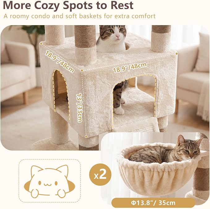 Heybly Cat Tree, 82.7″ Extra Tall Cat Tower for Large Cats Adult HCT063MJ | Giant Cat Condo with Multi-Level Platforms, 2 Baskets, Spacious Cat Cave, Wide Sisal Scratching Board, Beige