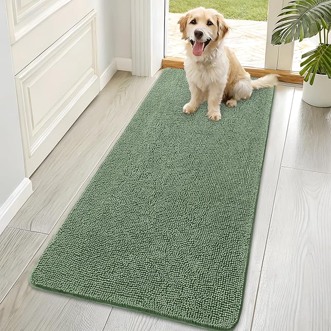 OLANLY Dog Door Mat for Muddy Paws 70x35, Super Absorbent Chenille Mud Mat | Olive Green, Absorbs Moisture and Dirt, Non-Slip Machine Washable Doormat, Quick-Drying Indoor Entryway Floor Carpet for Dogs