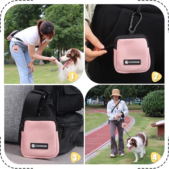 Dog Treat Pouch Pocket Sized Pet Puppy Training Pouch for Dog Training Behavior Aids, Waterproof Nylon Fabric Dog Poop Bag Holder, Hands Free Dog Walking Bag with Metal Carabiner (Pink)