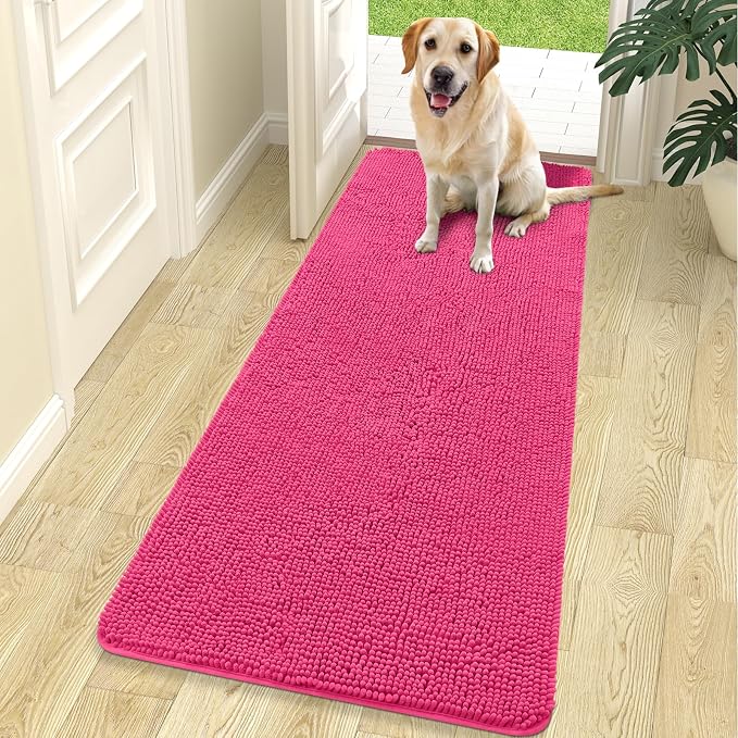 OLANLY Dog Door Mat for Muddy Paws 70x24, Super Absorbent Chenille Mud Mat | Hot Pink, Absorbs Moisture and Dirt, Non-Slip Machine Washable Doormat, Quick-Drying Indoor Entryway Floor Carpet for Dogs