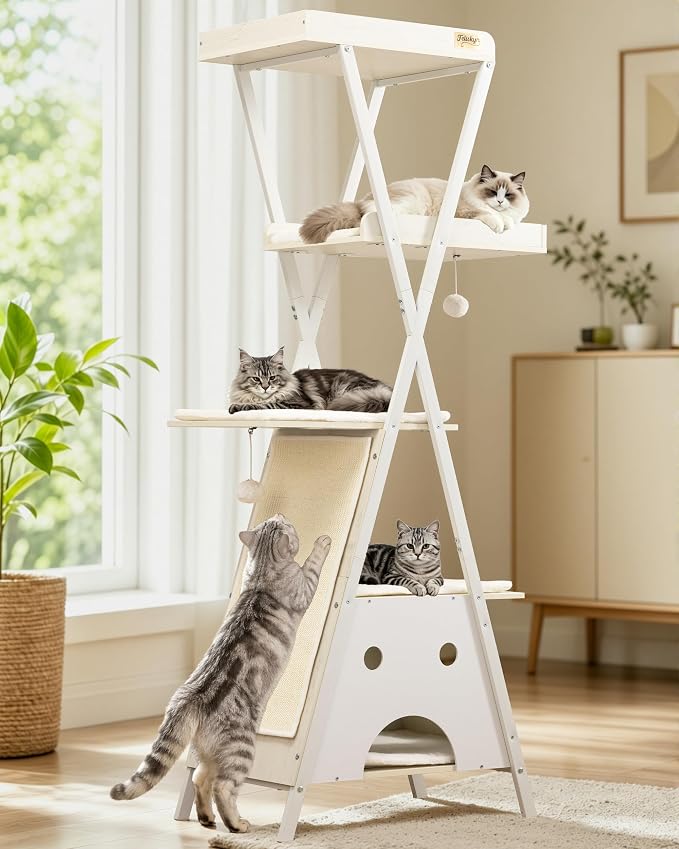 Modern Wood Cat Tree Tower for Indoor Cats Large Adult 67-in Tall | Heavy Duty XL Stable Wooden Cat Condo House Furniture with Multi-Level Spacious Perch Scratching Board Soft Washable Pads