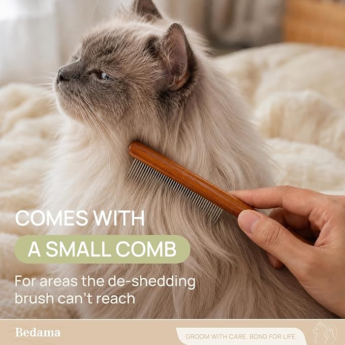 2 in 1 Cat Brush for Dematting & Deshedding, Undercoat Rake | Stainless steel undercoat rake for cats and small dogs helps remove loose hair, mats and tangles; grooming comb included