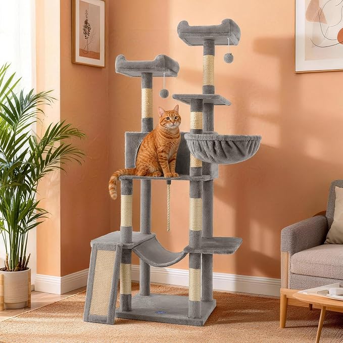 Multi-Level Cat Tree for Large Cats,63 Inches Heavy Duty Cat Tree for Indoor Cat Big Cat Tower with Sisal Scratching Posts Padded Platform, Hammock and Condo