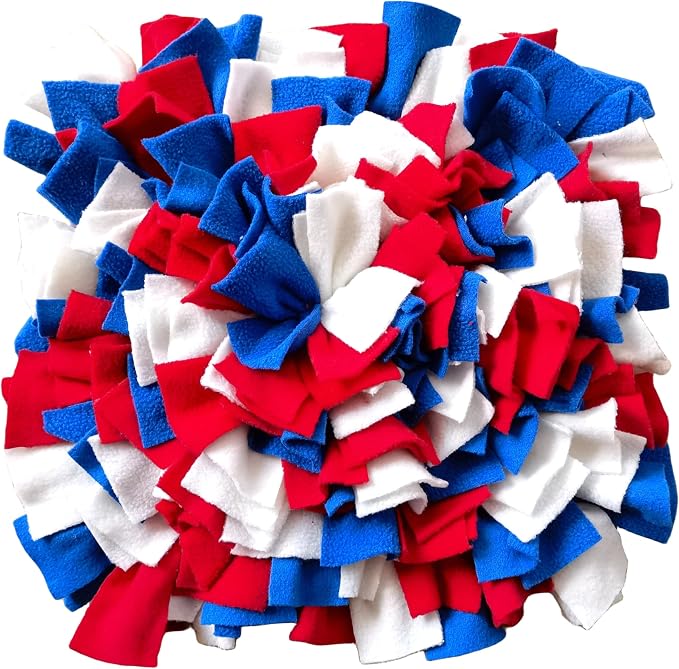 Pet Fleece Snuffle Mat Square Shape Foraging Mats Interactive Feeding Toy Anti Slip Slow Feeder Treat Dispenser for Dog Rabbit Guinea Pig (Blue/White/Red)