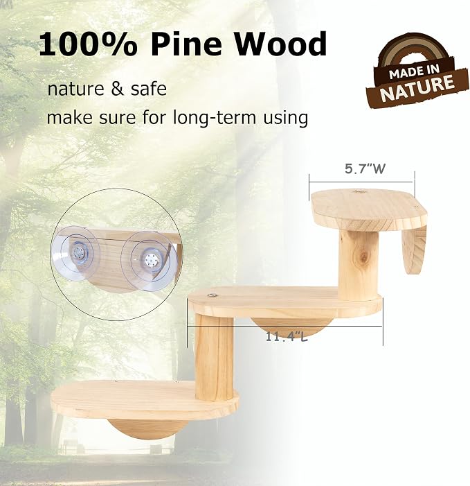 Cat Window Ladder, 3-Level Solid Pine Steps for Climbing and Bird Watching | Window-View Enrichment,Drill-Free,Hold Up to 40lbs, For Small to Medium Cats,Minimum 30 in Unobstructed Glass Width