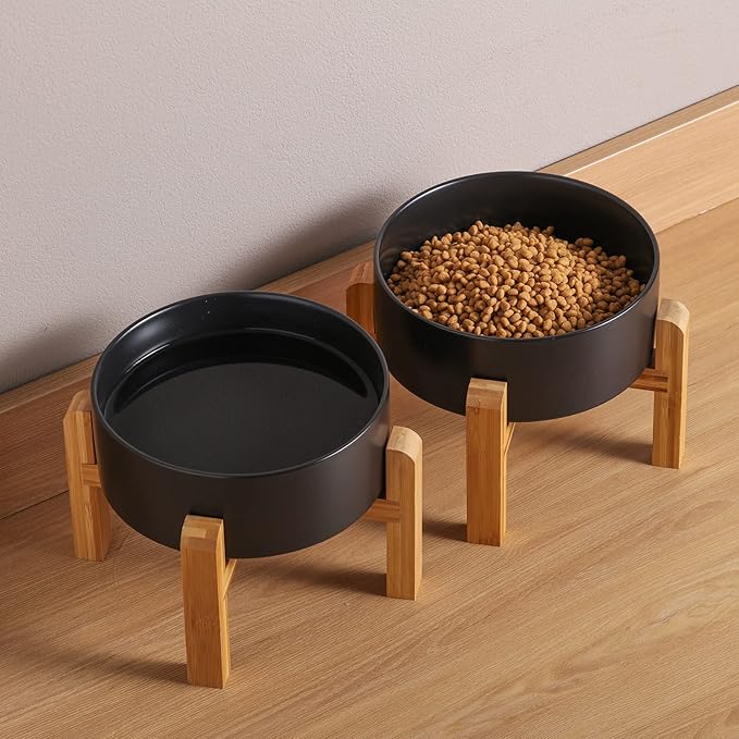Black Elevated/Raised Dog Bowl Ceramic with Wood Stand for Medium Large Breed,Dog Food Water Dish Heavy Weighted,8 in Non Slip Modern Cute Porcelain Pet Bowl Extra Large