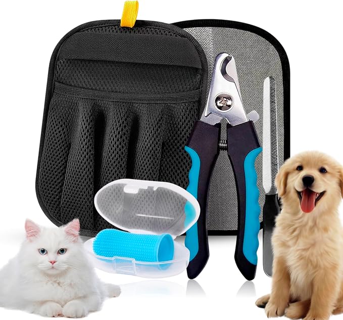 Pet Grooming Glove Set for Dogs & Cats – Premium Pet Hair Removal Glove with Free Nail Clippers & Nail File
