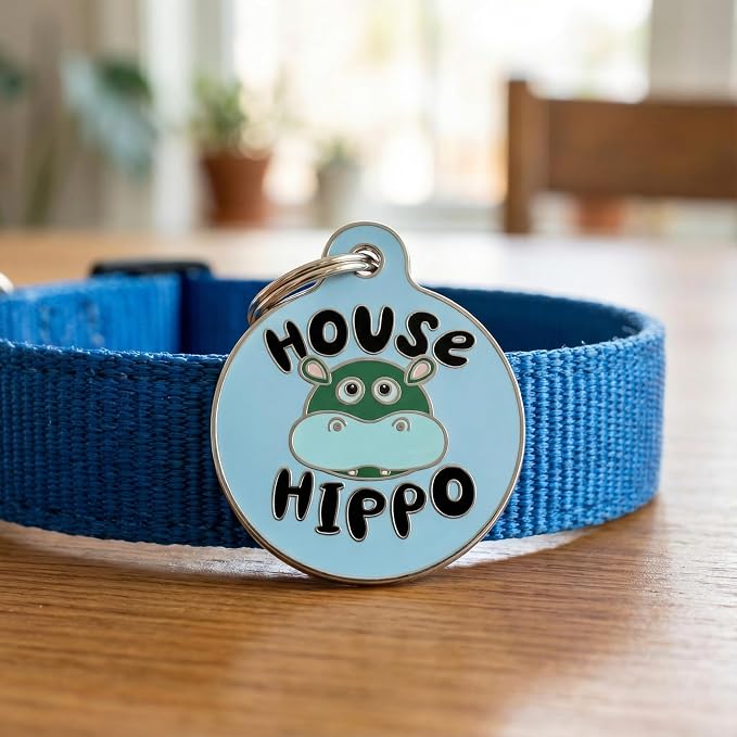 Bad Tags Personalized Dog and Cat ID Tags in 25+ Designs and 2 Sizes - 5 Lines of Custom Engraved Text - Funny Cute Personalized Pet Tags (House Hippo - Blue, Large (1.25 inch))