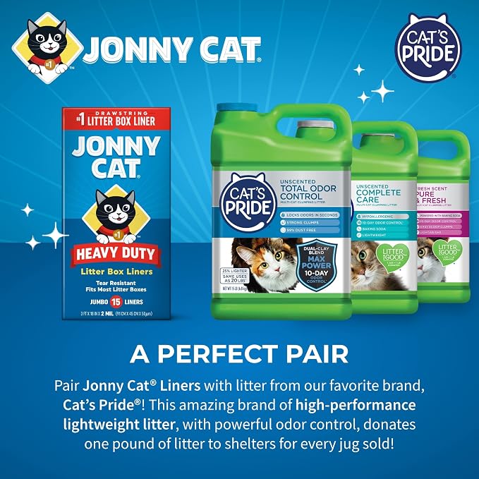 Jonny Cat Litter Box Liners: Heavy Duty - Tear & Leak Resistant - Drawstring Close - Jumbo, 1 Count (Pack of 30)