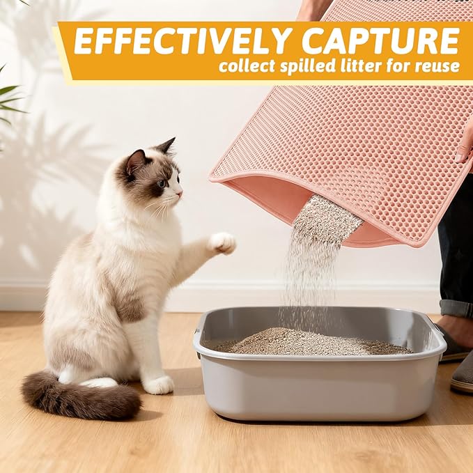 Pieviev Litter Mat, Double-Layer Waterproof Design, 30" x 24" Coral Red | Honeycomb Litter Trapping Mat Captures Scattered Particles to Stop Tracking, Waterproof Base Protects Floors, Easy to Clean