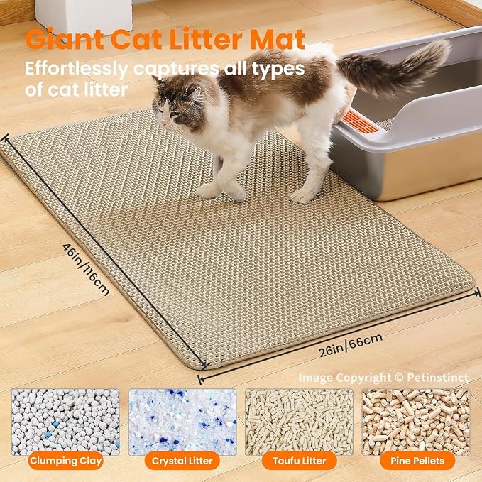 Extra Large Cat Litter Mat XXL, Double Layer Honeycomb, Beige | 46x26”, Reduces Litter Tracking, Easy to Clean, Waterproof, Non-Slip, Soft on Paws, Scratch Resistant, Beige, XXL