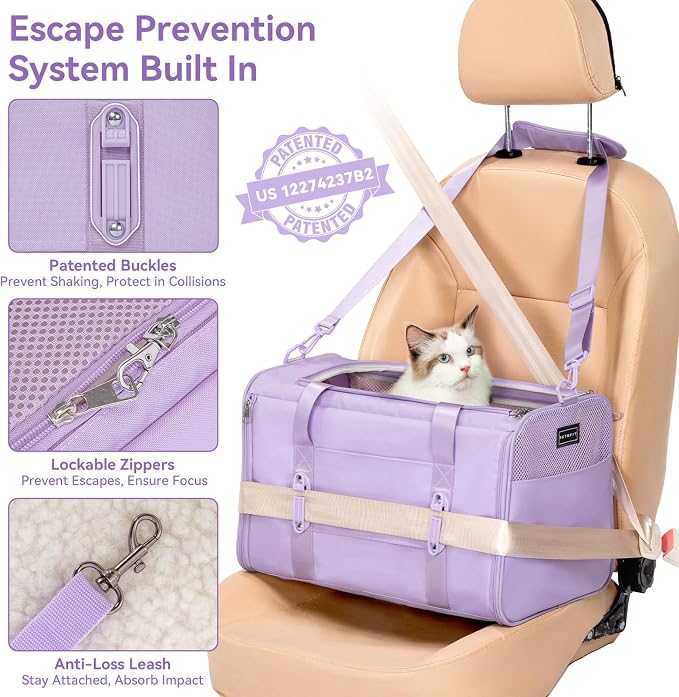 PETSFIT Soft-Sided Cat Carrier with Patented Safety Buckles, Lockable Zippers & Safety Tether,Escape-Resistant Travel Pet Carrier for Car Rides & Vet Visits, Airline Approved Under-Seat, Up to 12 lbs