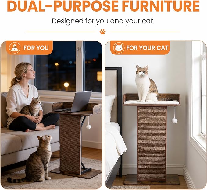 Modern Wood Cat Tree Tower for Indoor Large Adult Cats with Big Perch Bed | 33.8in Tall Wooden Cat Trees with Platform, Cat Scratching Pads, Washable Cushions, Cat Furniture for Window, Rustic Brown
