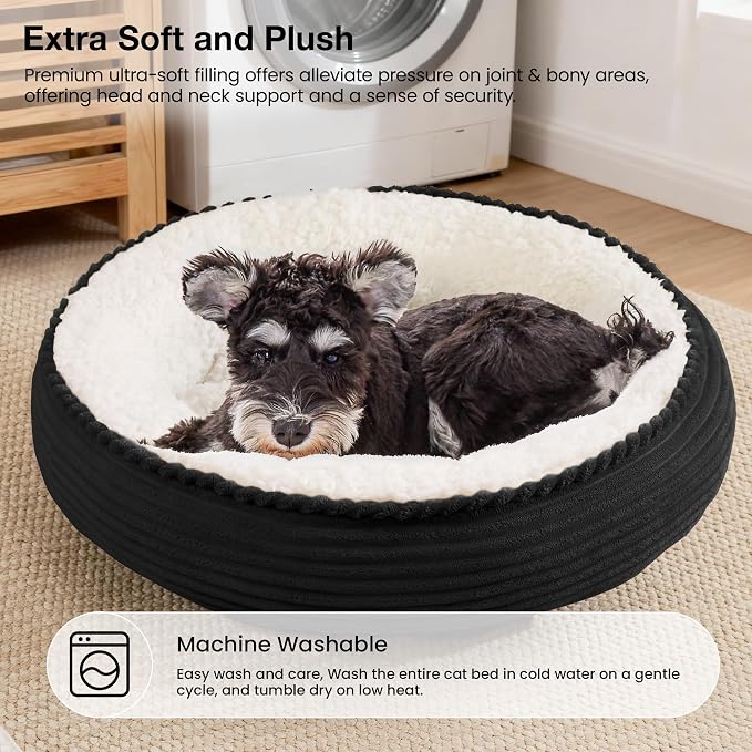 Love's cabin Round Donut Cat and Dog Cushion Bed, 24in Pet Bed for Small or Medium Dogs, Anti-Slip & Water-Resistant Bottom, Soft Durable Fabric Pet Beds, Washable Calming Cat Bed Black