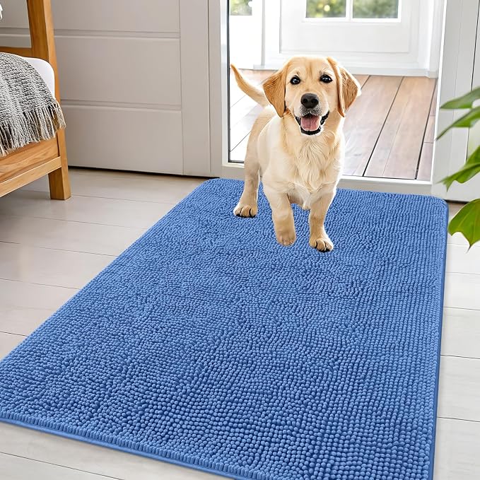 OLANLY Dog Door Mat for Muddy Paws 44x32, Super Absorbent Chenille Mud Mat | Cornflower Blue, Absorbs Moisture and Dirt, Non-Slip Machine Washable Doormat, Quick-Drying Indoor Entryway Carpet for Dogs
