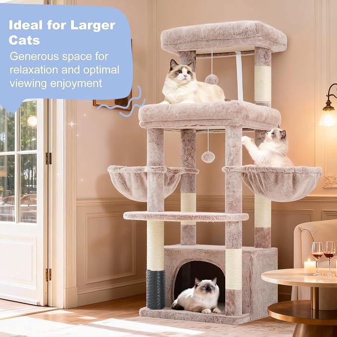 Hey-brother Cat Tree Tower with Extra Large Platform, Big Condo, MPJ070MU | 51.1 Inches Scratching Posts with 2 Cozy Hammocks, Self-Grooming Brush for Indoor Adult Cats, Maine Coon, Muchroom
