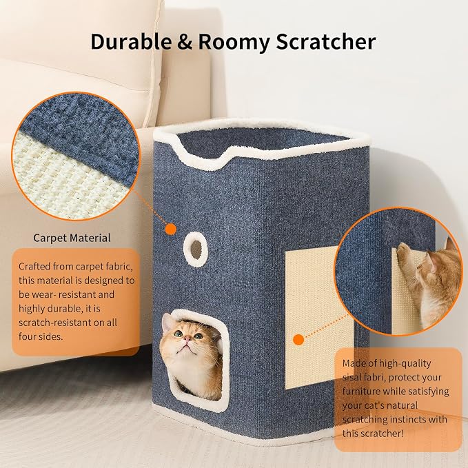Cat House, Cat Beds for Indoor Cats, 2-Story Cat Condo Cube | Cat Bed Cave with Scratch Pad and Fluffy Ball Hanging, Multi-Level Cozy Hideout Center Ideal for Small/Medium Cats